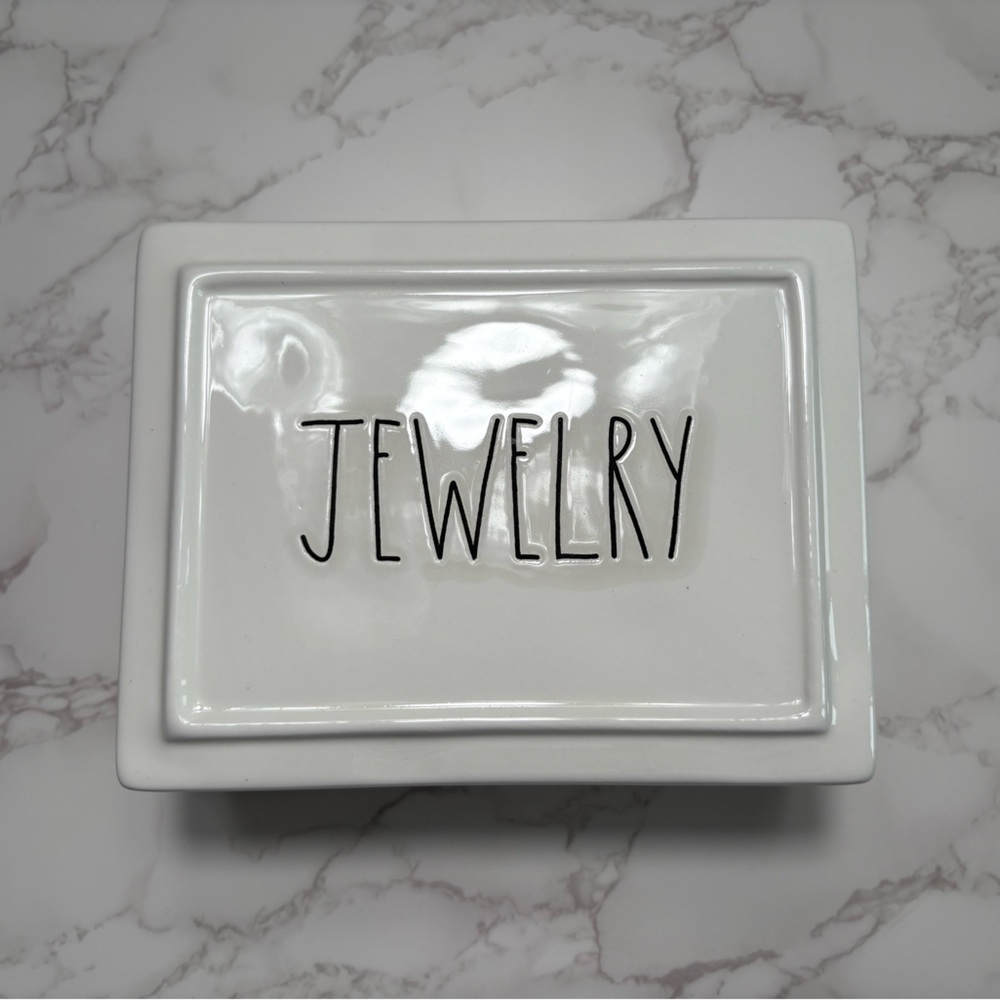 Rae Dunn NWOT Jewelry Box-Ivory with black lettering “JEWELRY”-6.5”x5”x2.25”
